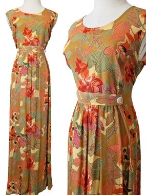 Vintage Floral Maxi Dress Size Large Orange Red Sleeveless Beach